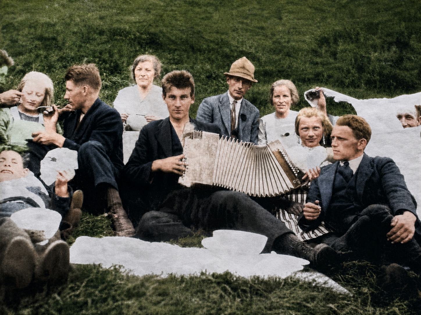 Lasse and Aashild Tynning with friends on the grass — an accordion gathering